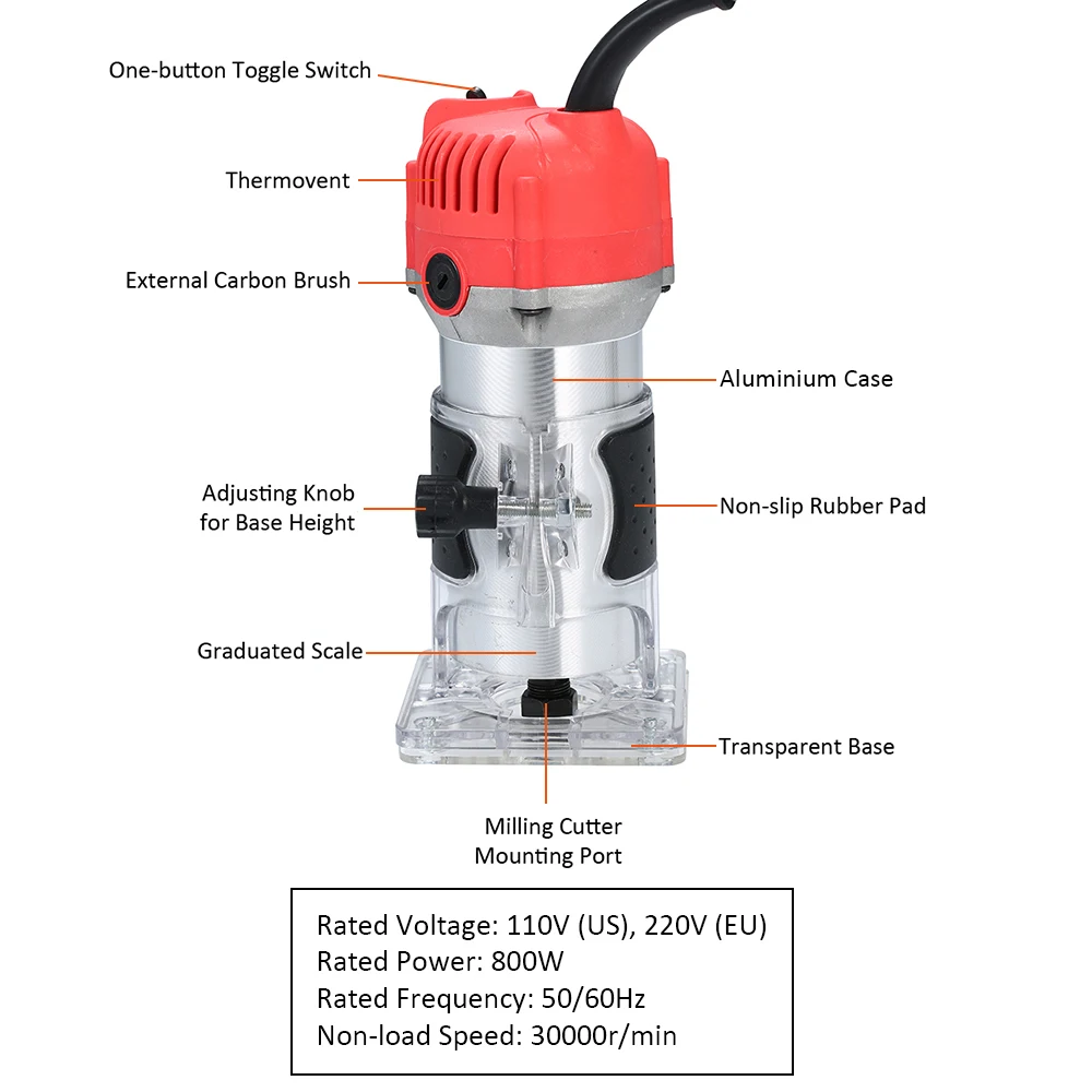 220V 800W Woodworking Electric Trimmer Wood Milling Engraving Slotting Trimming Machine Hand Carving Machine Wood Router Tools