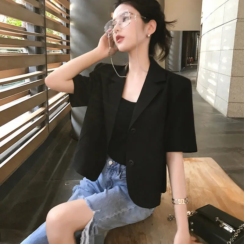 Blazers Women Fashion Casual Short Sleeve Loose Korean Style Office Lady Single Breasted Elegant All-match Summer Female Clothes