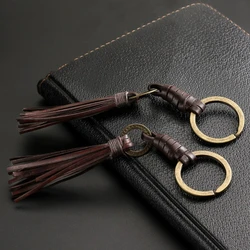 LLavero de cuero con borlas tejidas a mano para hombre, joyería de tendencia Vintage personalizada, llavero marrón, accesorios de joyería, 2024