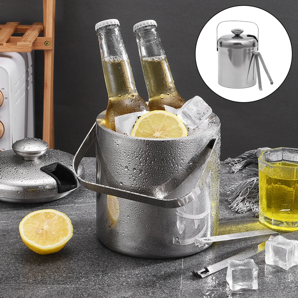 Double-Wall Stainless Steel Insulated Chilling Ice Bucket with Lid Tong Handle