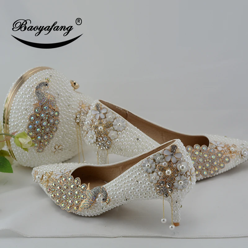 BaoYaFang White pearl Women wedding shoes with matching bags bride 7cm Thin heel Peacock Ladies Paty shoe and bag Big size