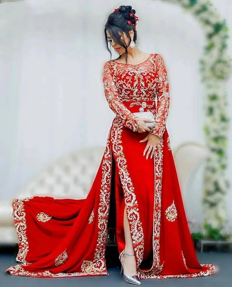 Aangepaste Karakou Algerije Caftan Avondjurken Lange Mouw Rood Satijn Goud Kant applique Peplum Gelegenheid prom Gown Wear