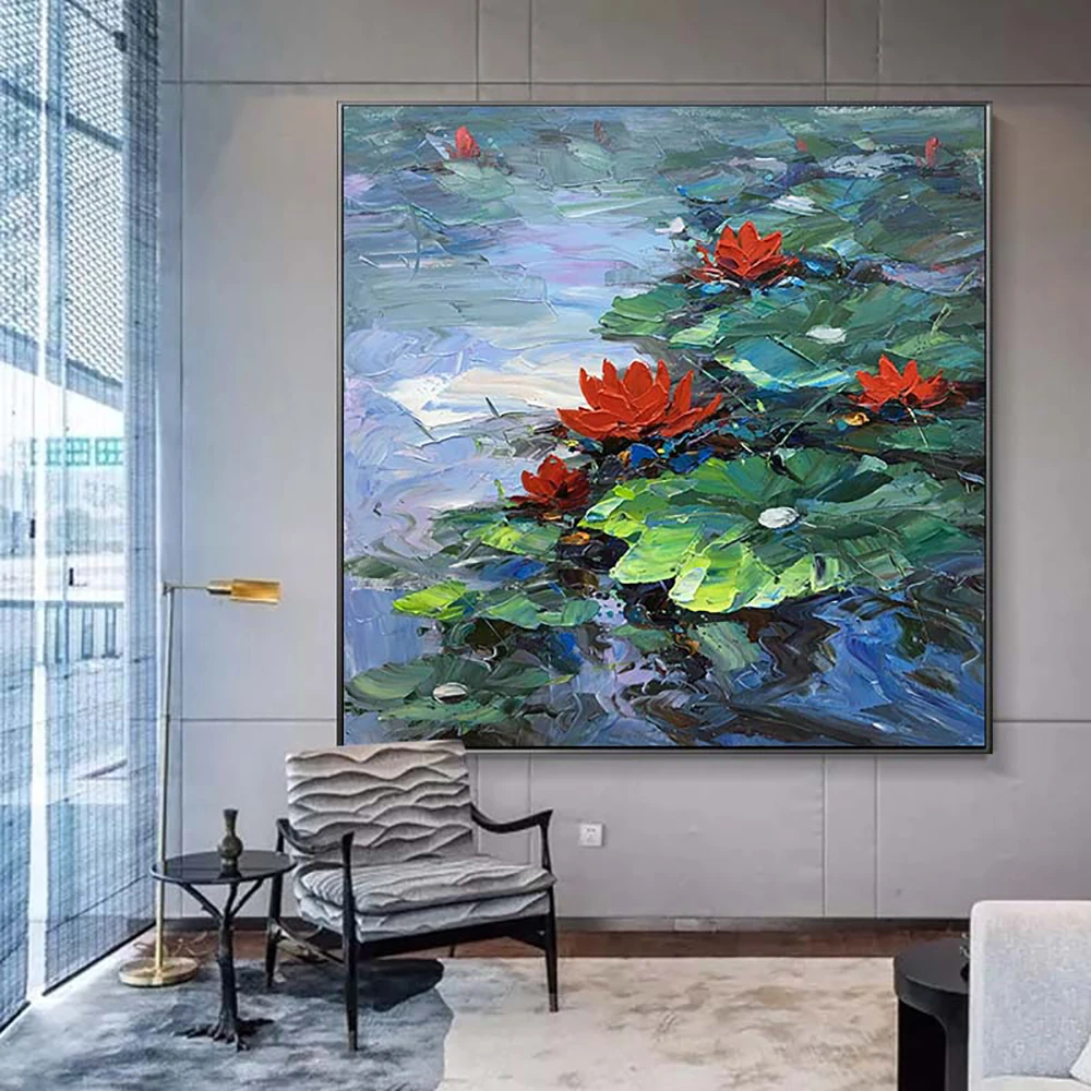 Handmade Wall Art Home Decor Picture Lotus Oil Painting  Abstract Tick Oil On Canvas Flower Murale Modern Decoration Painting