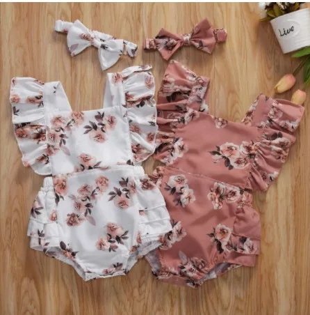 Wholesale Summer Flower Print Baby Girls Ruffles Romper Infant Newborn Baby Jumpsuit Playsuit Bow Headband Baby Clothes