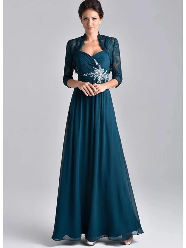 Twee Stuk Inkt Blauw Moeder Van De Bruid Jurk Elegante Spaghetti Band Floor Lengte Chiffon Lace Bridal Party Gown Robe de Soiree