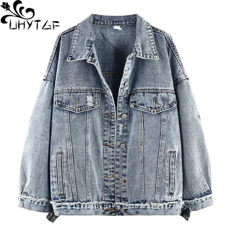 

UHYTGF Jacket Women Vintage Autumn Denim Coat Ladie Hole Long Sleeve Short Jeans Overcoat Female Loose Tops Outewear Jaqueta 747