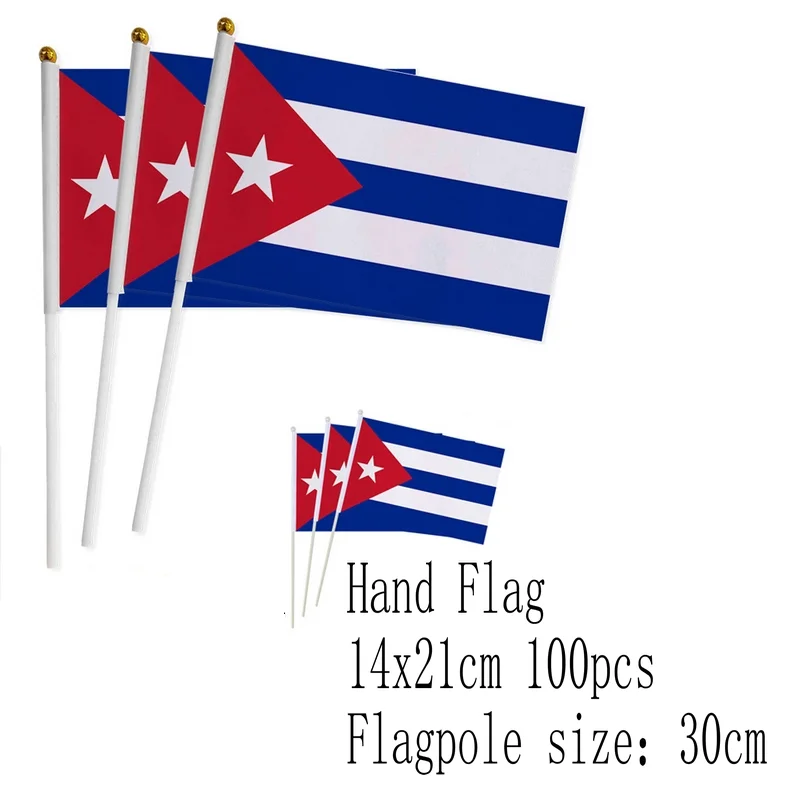 

zwjflagshow 100Pcs/Set Cuba Handflag Banner Hand Held Plastic Pole The Cuban National Mini Flag Celebration Ceremony Accessories