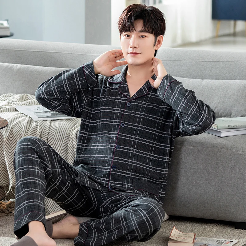 남성용 풀코튼 파자마 세트, 긴팔 프린트, 가을 잠옷, 칼라, 투피스, 4XL, 봄