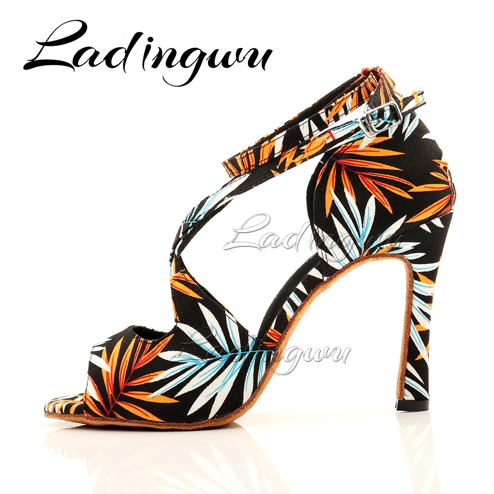 Ladingwu Salsa Jazz Ballroom Latin Dance Black Shoes For Dancing Women Social Strip High Heels Featured graffiti Satin  Sandals