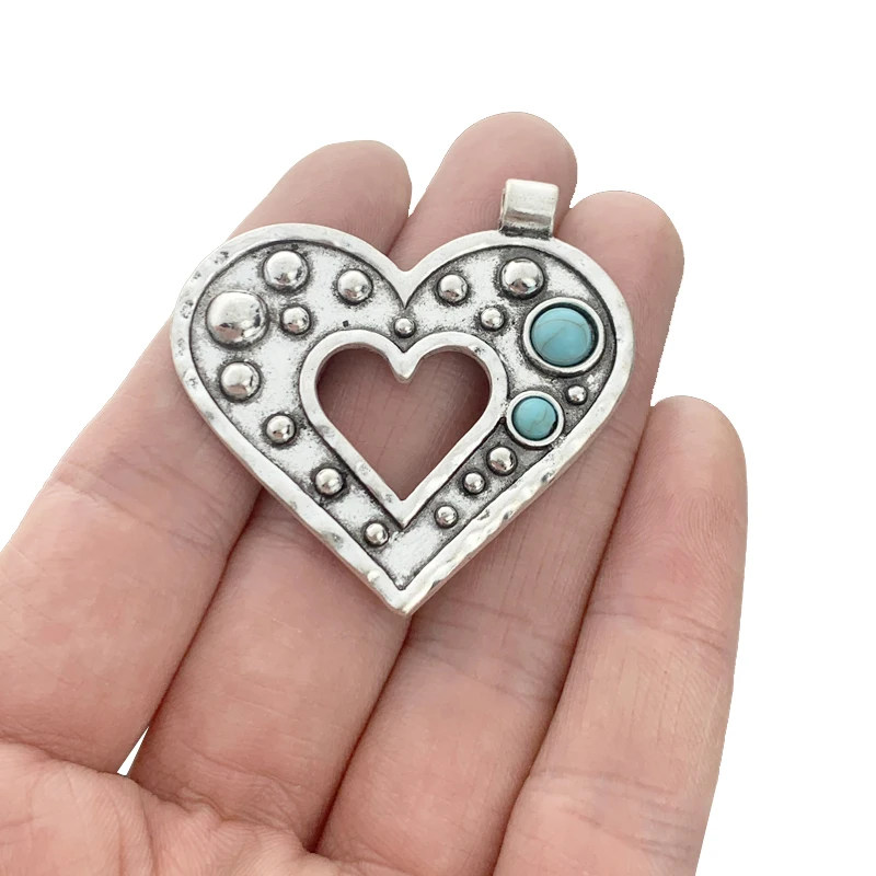 2 x Antique Silver Color Hollow Open Heart & Faux Stone Charms Pendants for DIY Necklace Jewellery Making Findings Accessories