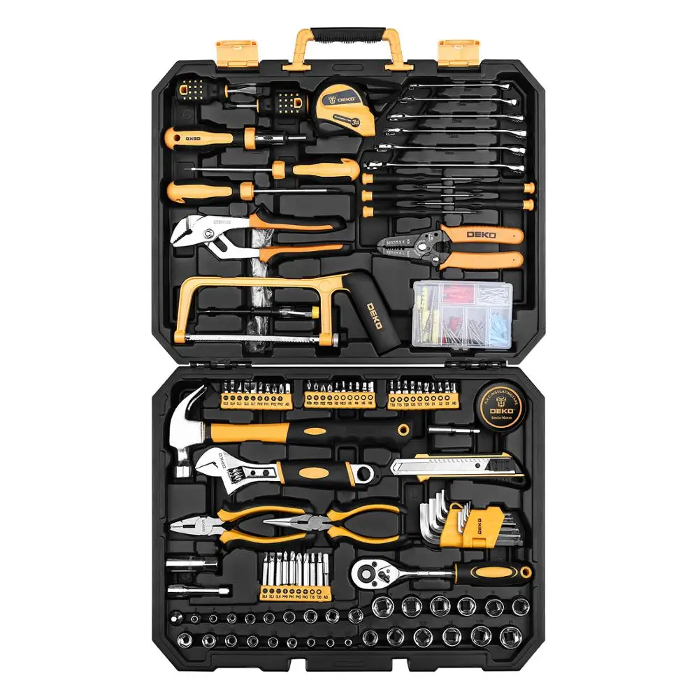 DEKO DKMT198 Socket Wrench Tool Set Auto Repair Mixed Tool Combination Package Hand Tool Kit with Plastic Toolbox Storage Case