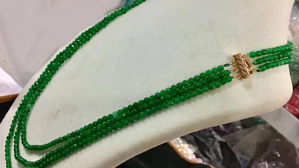 Natural 3Rows 4mm faceted green jade round beads Necklace 18-20