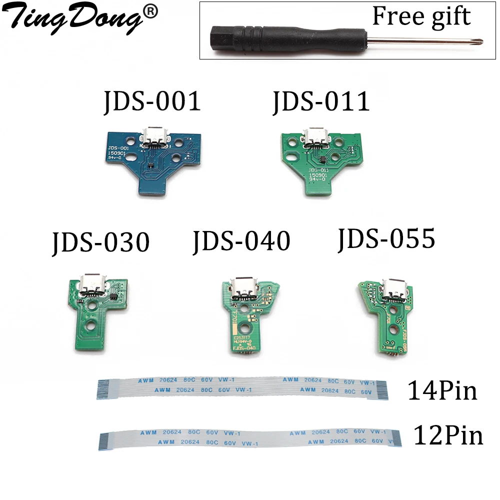 TingDong for Dualshock 4 PS4 Pro Slim Controller Charging Socket Port Circuit Board JDS 030 040 with 12 14 Pin Power Flex Cable