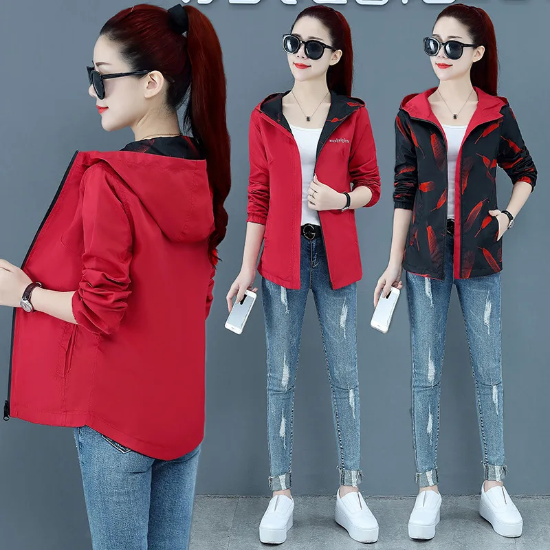 

Women's Hooded Printed jacket Summer Causal windbreaker Basic Coats Double sided Sweater Zipper Lightweight Jackets 2XL NS4476