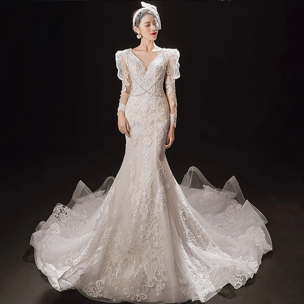 

Женское свадебное платье-Русалка, белое винтажное платье с длинным рукавом, вышивкой бисером и V-образным вырезом, свадебное платье