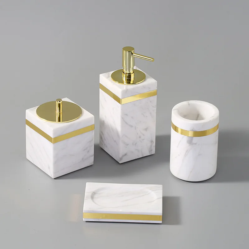 Volakas White Natural Marble Bathroom Set Luxury Soap Dispenser Toothbrush Holder Soap Dish Bath Set Golden Bathroom Accessories