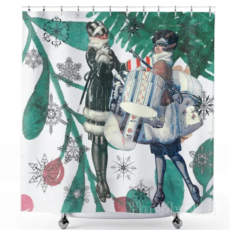 Christmas Shower Curtain Winter Festive Vintage Snowflake Xmas Art Noble Woman Bathroom Decor Holiday With Hooks