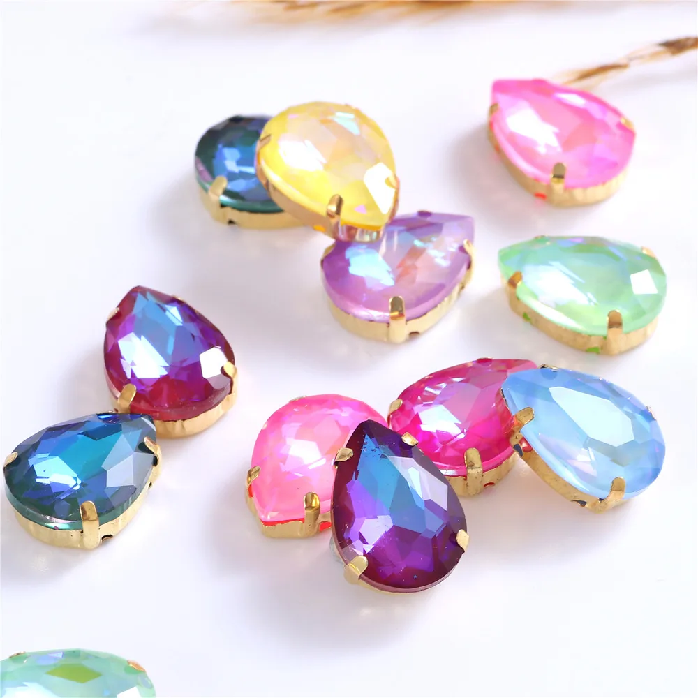 New Teardrop Glass Sew On Rhinestones With Gold Claw Glitter Crystals Stones For Sewing Clothes Shoes Diy 10x14mm 13x18mm