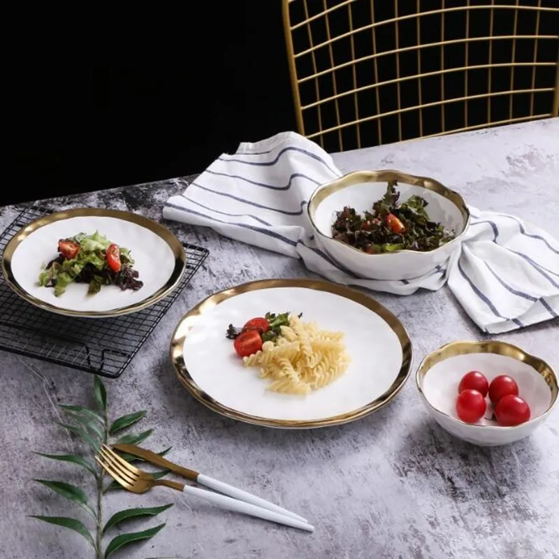 European Style Gold Side Black Plate Retro  Matte Steak Dish Dessert Tray Kitchen Dinner Plates Ceramic Dishes Bowls1pcs