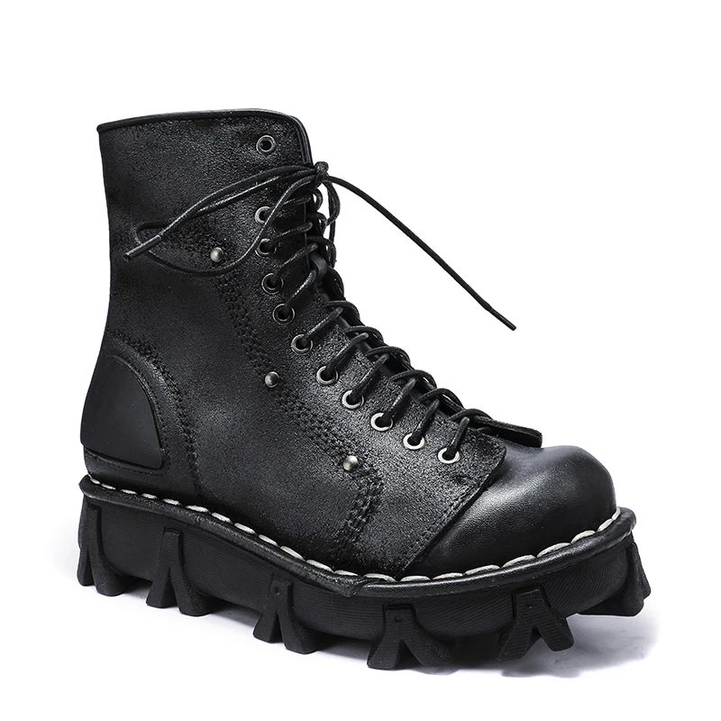 Fashion Men\'s Genuine Leather Winter Western Cowboy Boots Mid-calf Skull Goth Punk Platform Motorcycle Boots Round Toe