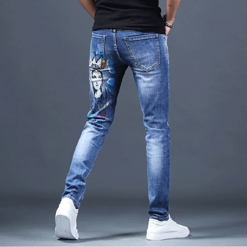 Letter Men's Beauty Printed Jeans Graffiti Pattern Coloured drawing Paiting Stretch Denim Pants Slim Nightclubs Singers Trousers