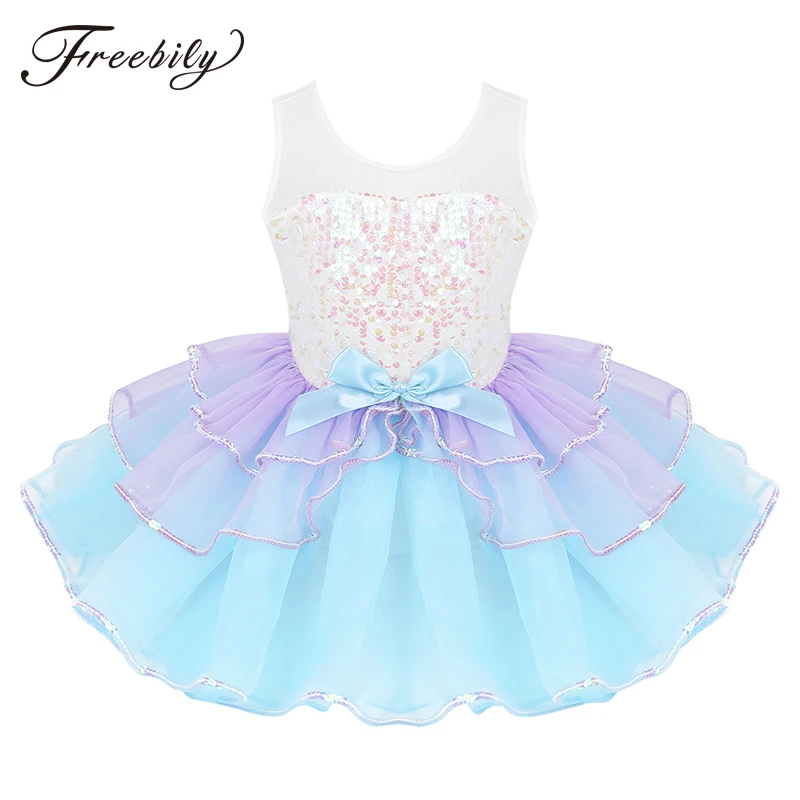 Kids Meisjes Ballet Tutu Jurk Ballerina Zwaan Dans Prestaties Dancewear Shiny Sequin Mesh Splice Strik Gymnastiek Turnpakje