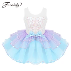 Kids Girls Ballet Tutu Dress Ballerina Swan Dance Performance Dancewear Shiny Sequin Mesh Splice Bowknot Gymnastics Leotard