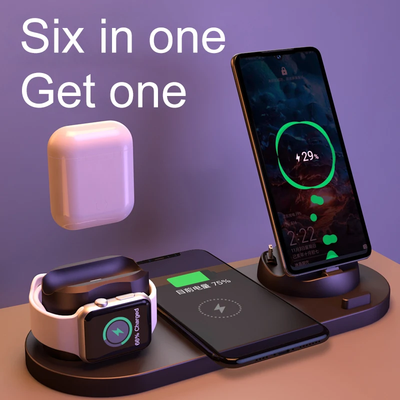 

EXPUNKN Wireless Charger 6 in 1 10w Qi Fast Stand Carga Rapida Dock Station Carregador Sem Fio for Iphone Apple Watch Airpods