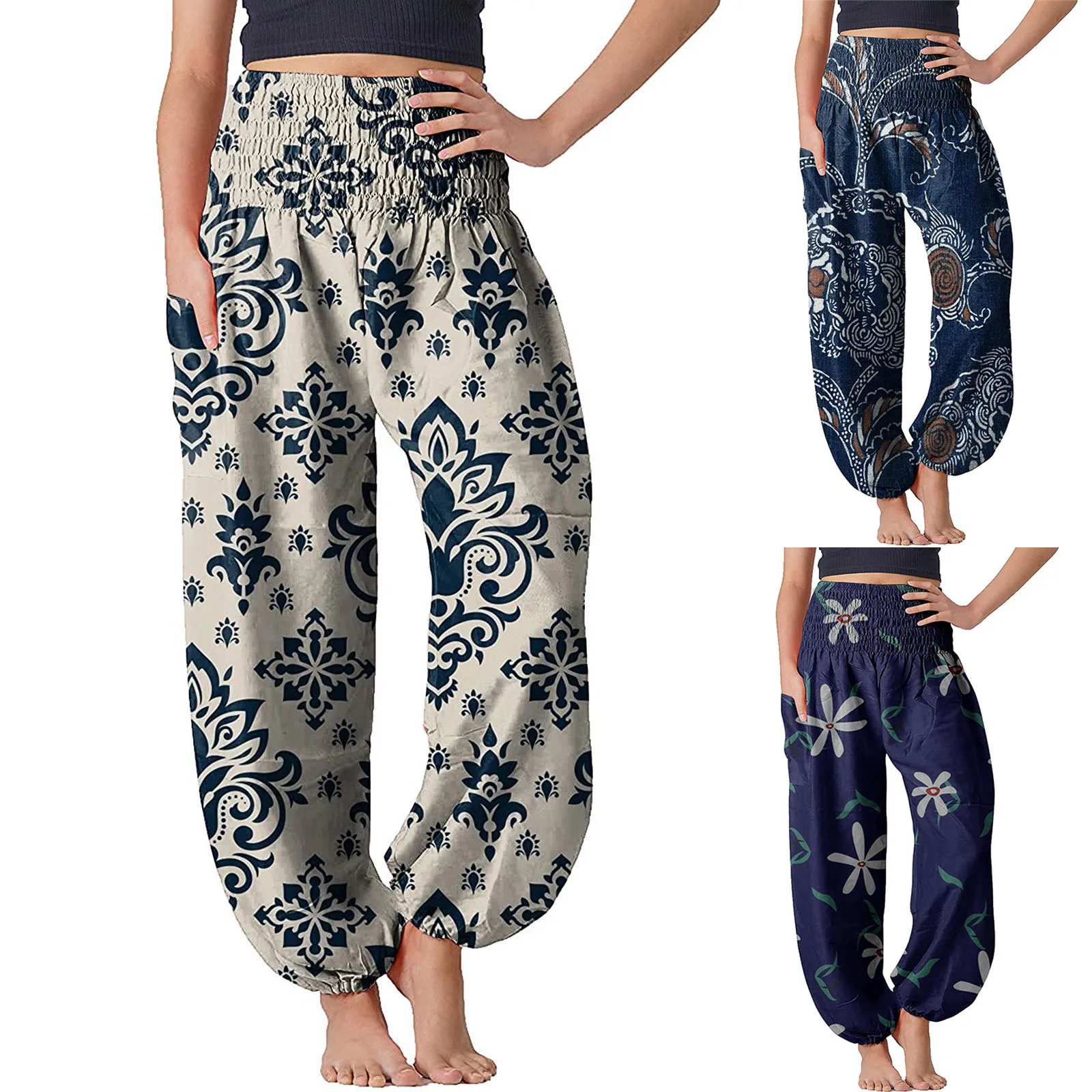 Womens Harem Pants Boho Vintage Print Loose Yo-ga Pants Hippie Boho Belly Dance Pants Trousers Baggy Pants Leggings Sportswear