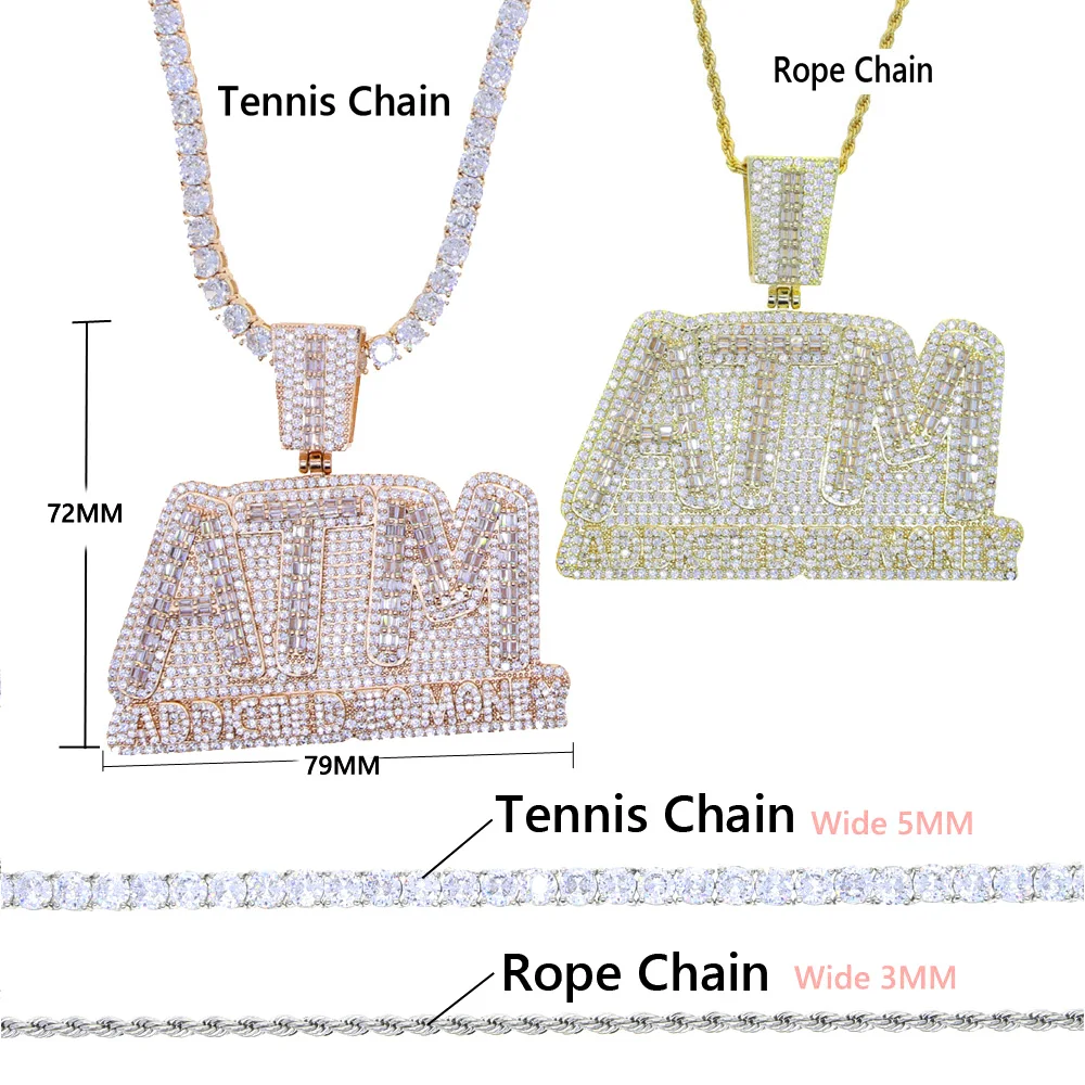 New Arrive Iced Out Bling CZ Letters ATM Addicted To Money Pendant Necklace 5A Cubicz Zircon HipHop Tennis Chain Jewelry