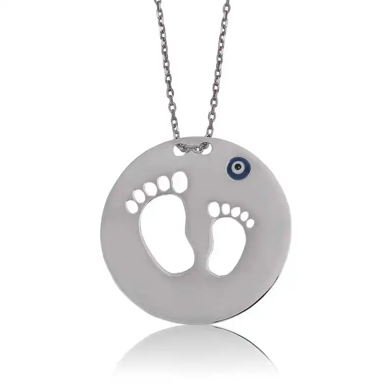 Silver Mother Baby Footprint Lady Necklace 925 Sterling Women Fine Jewelry Wedding Party Birthday Gift - Box - Pendant - Chain Choker - Female - Ladies - Fashion