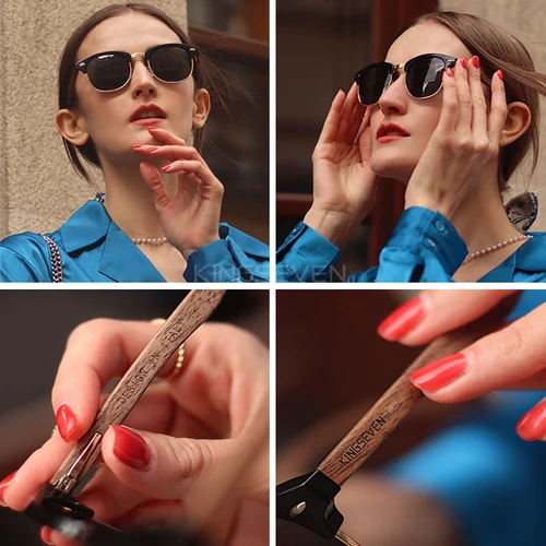 Imagen 2 del producto KINGSEVEN-gafas de sol de madera de nogal negro hechas a mano para hombre, lentes de sol polarizadas con protección UV400, semisin montura, Retro, 2023