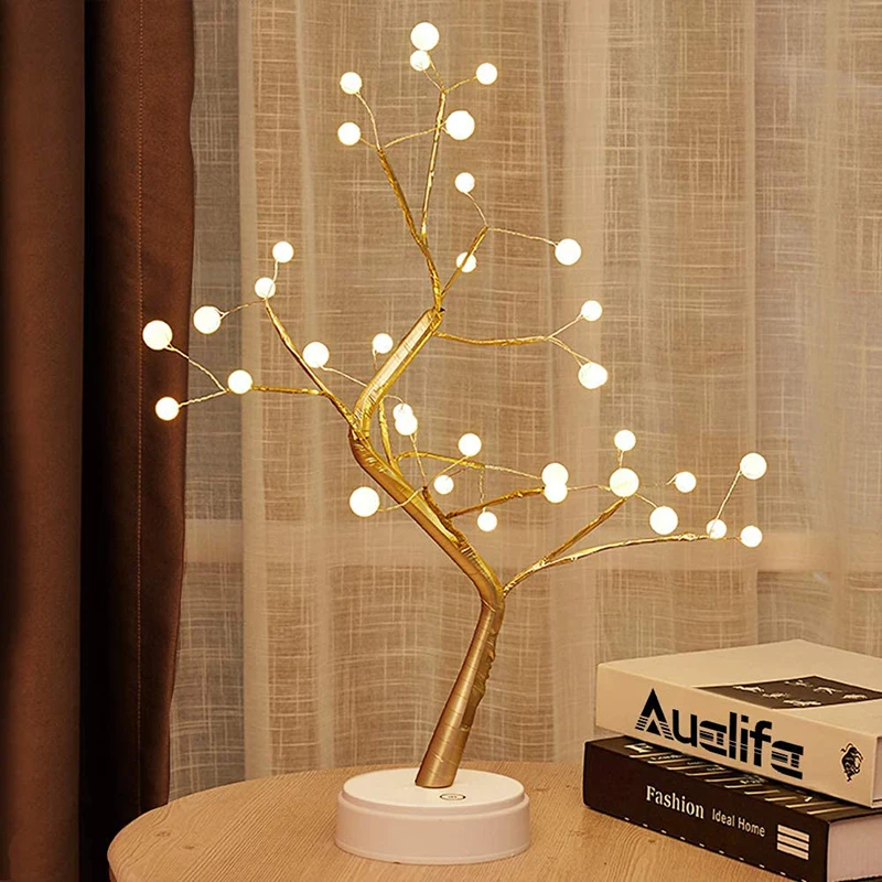 

USB Fire Tree Light Copper Wire Table Lamp LED Pearl Night Light For Home Bedroom Wedding Party Bar Christmas Corner Decor