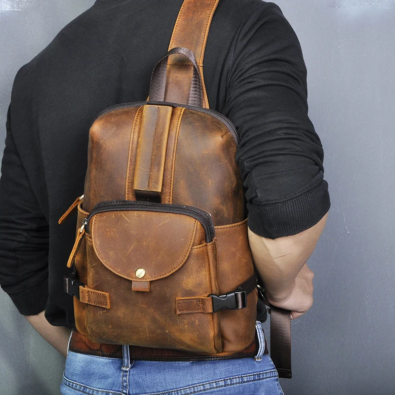 Crazy Horse Leather Men Casual Fashion Travel Triangle Chest Sling Bag Design 10\