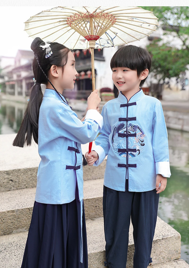 Chinese Hanfu Traditional Crane Embroider Kids Clothes Set Children Tang Suit Girls Party Dress Boys Kung Fu Tops Skirts Pants