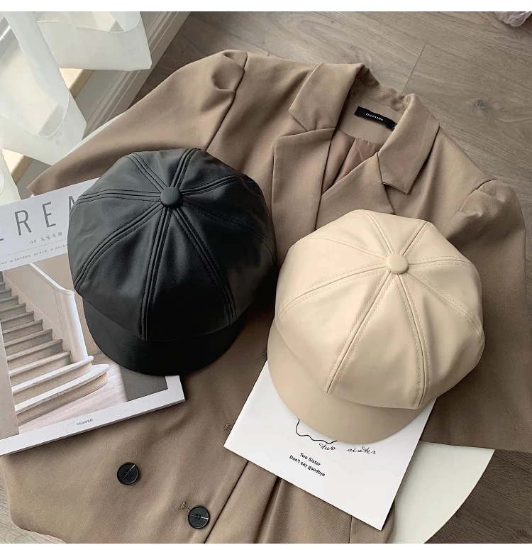 Women Leather Beret with Brim Octagonal Beret Cap Hat Gatsby  Peaked French Painter Hats Autumn and Winter Street Style