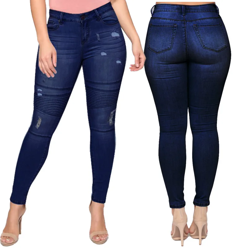 Mùa Xuân Năm 2022 Mới Màu Xanh Đen Nữ Quần Jeans Rách Thời Trang Cao Cấp Co Giãn Skinny Denim Quần Bút Chì Phố Cổ Quần S-2XL