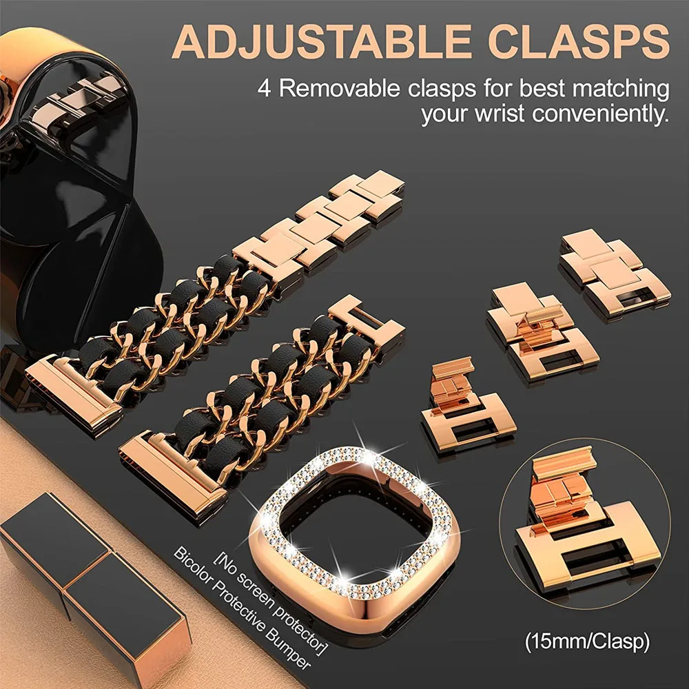 Adjustable Metal Strap for Fitbit Versa 3/ Versa 4/ Sense 2/ Sense 1 Watch Band Women Alloy Chain Leather Belt