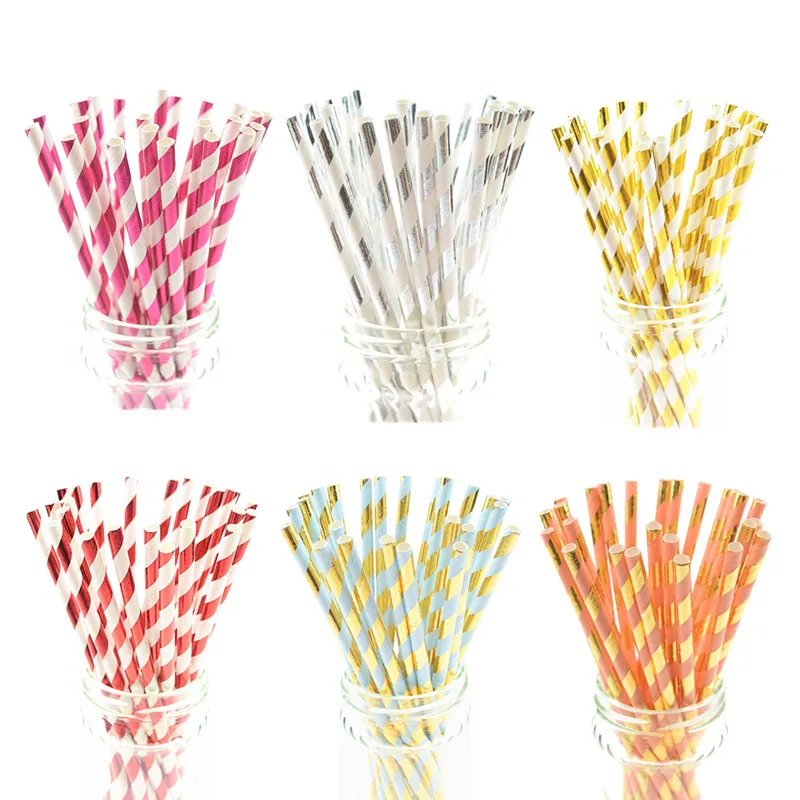 25pcs Gold Striped Foil Paper Straws Metallic Red Drinking Paper Straw Bar Birthday Wedding Decor Favor Girl's Party DIY