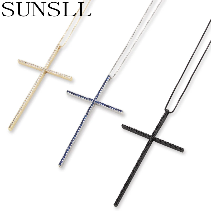 SUNSLL Gold/Silver/Black Colour Big Cross Pendant Necklaces For Women Men Fashion Cubic Zirconia Charming Jewelry Gift 1Pcs