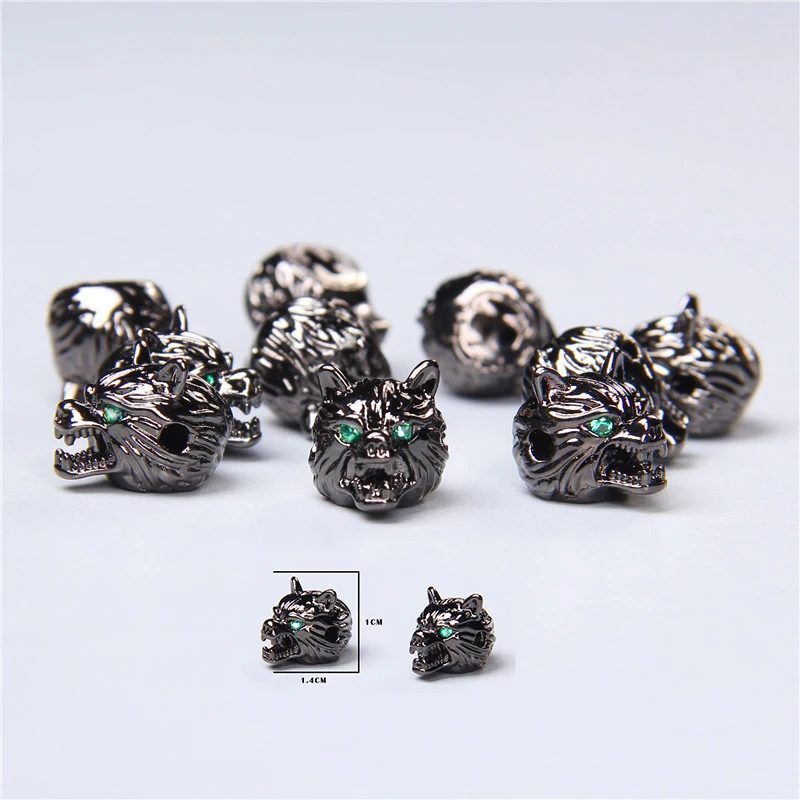 Green zircon eye animal Wolf dog head beads loose black bulk spacer accessories beads for jewelry making  finding bracelet men