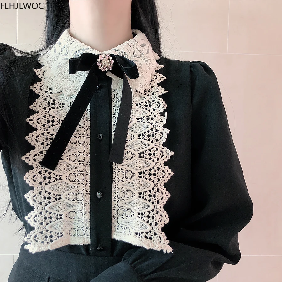 สตรีBasic Lady Workสวมใส่น่ารักVintage Bow Tieสีขาวลูกไม้เดี่ยวปุ่มสีขาวเสื้อสีชมพูเสื้อ