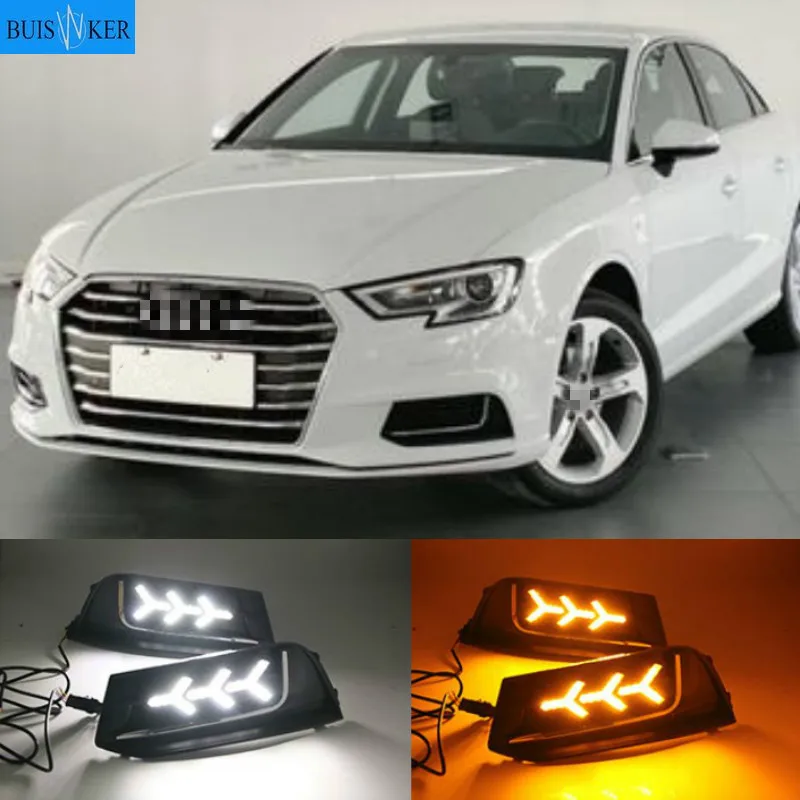 

2pcs LED Daytime Running Light Fog Lamp Bulb For Audi A3 2017-2019 Yellow Turn Signal Function Car DRL Waterproof 12V