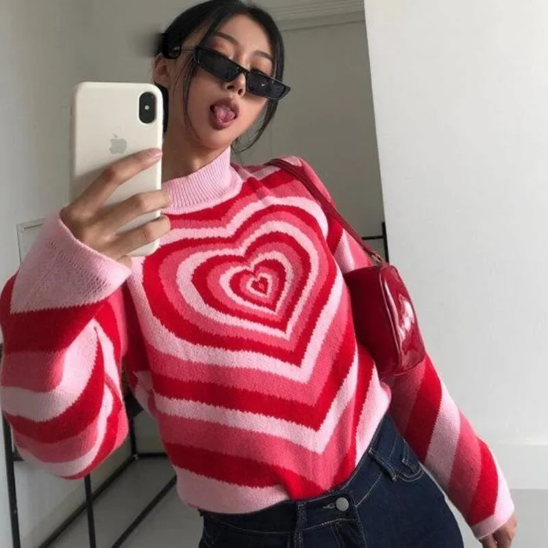 Heart Striped Knitted Sweater Women Y2K Pullovers Sweater Girls Sweet Long Sleeve Jumper Turtleneck Sweater Streetwear