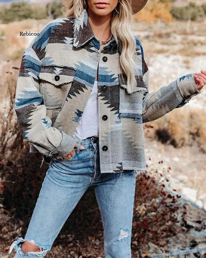 Vintage Jacke Frauen Spleißen Lose Jacke Denim Drucken Aztec Retro Ethnischen Stil Lange Ärmeln Hemd Streetwear Weibliche Goth Mantel