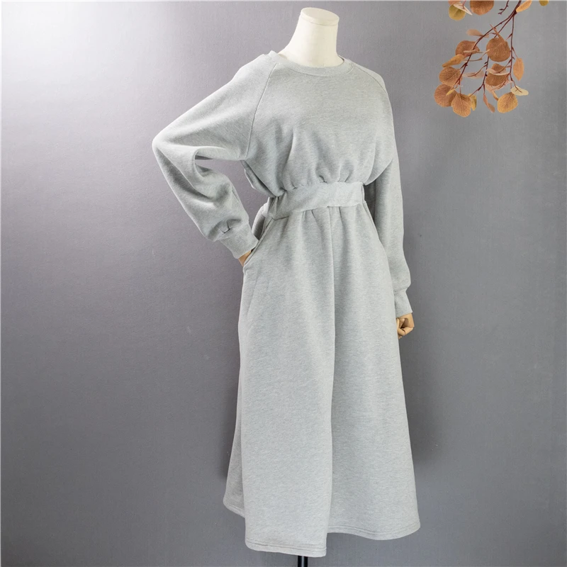 Casual Long Minimalist Pockets Wild Warm Dress New Winter Spring Women Dresses Thicken High Elastic Waist