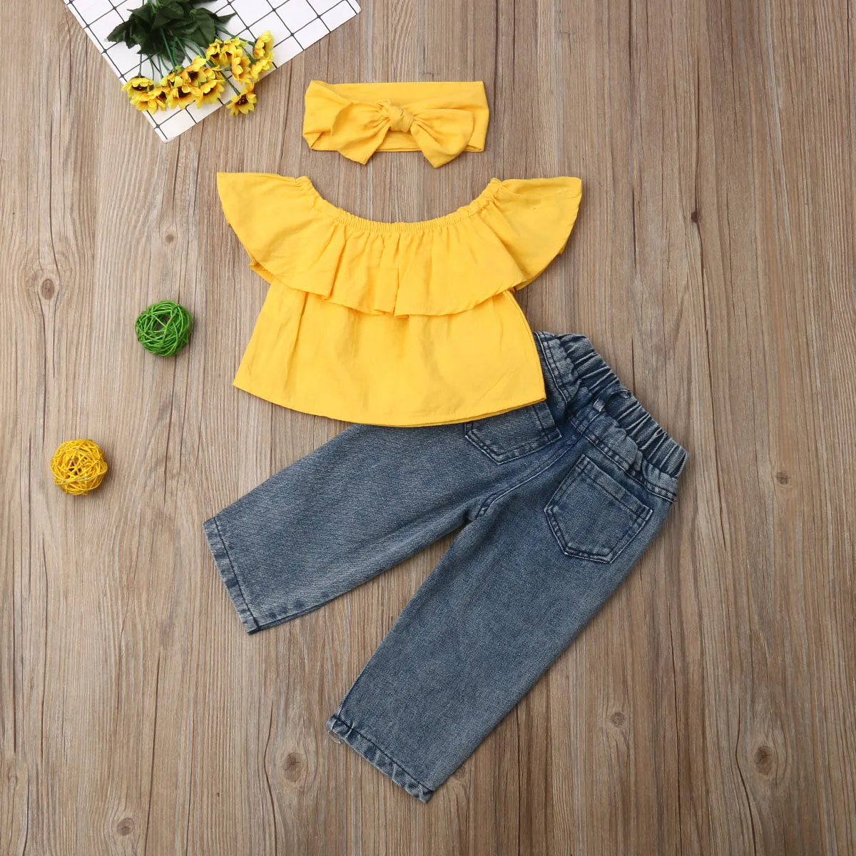 SUNSIOM Toddler Baby Girl Clothes Off Shoulder Ruffle Tops Hole Denim Jeans Pants Bowknot Headband 3Pcs Outfits Summer Clothes