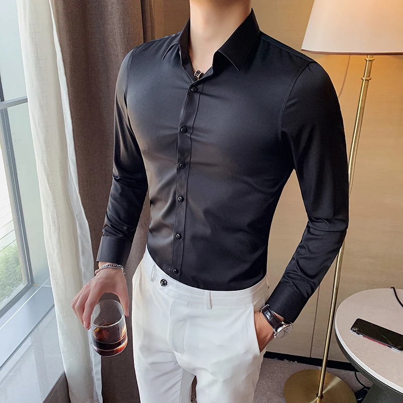 High Quality New Solid Dress Shirt Men Long Sleeve Fashion Slim Male Social Casual Business Shirt Black White Green Dress Shirt