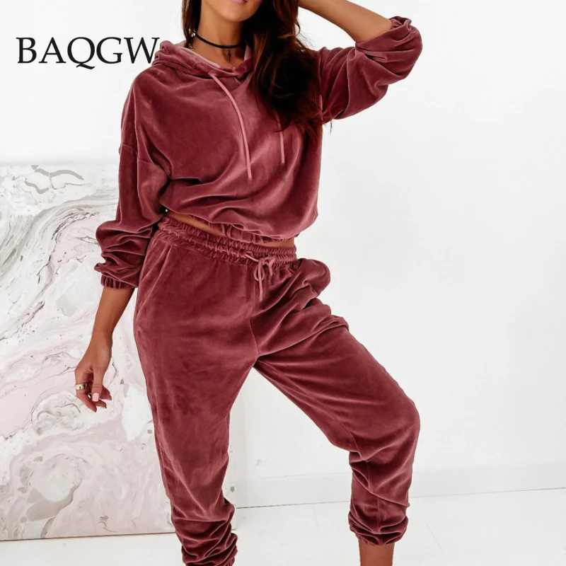 Autum Velour Two Piece Sets Women Tracksuit Velvet Pant Winter Matching Sets Woman Hooded Top + Pants Fashion Streewear Outfits