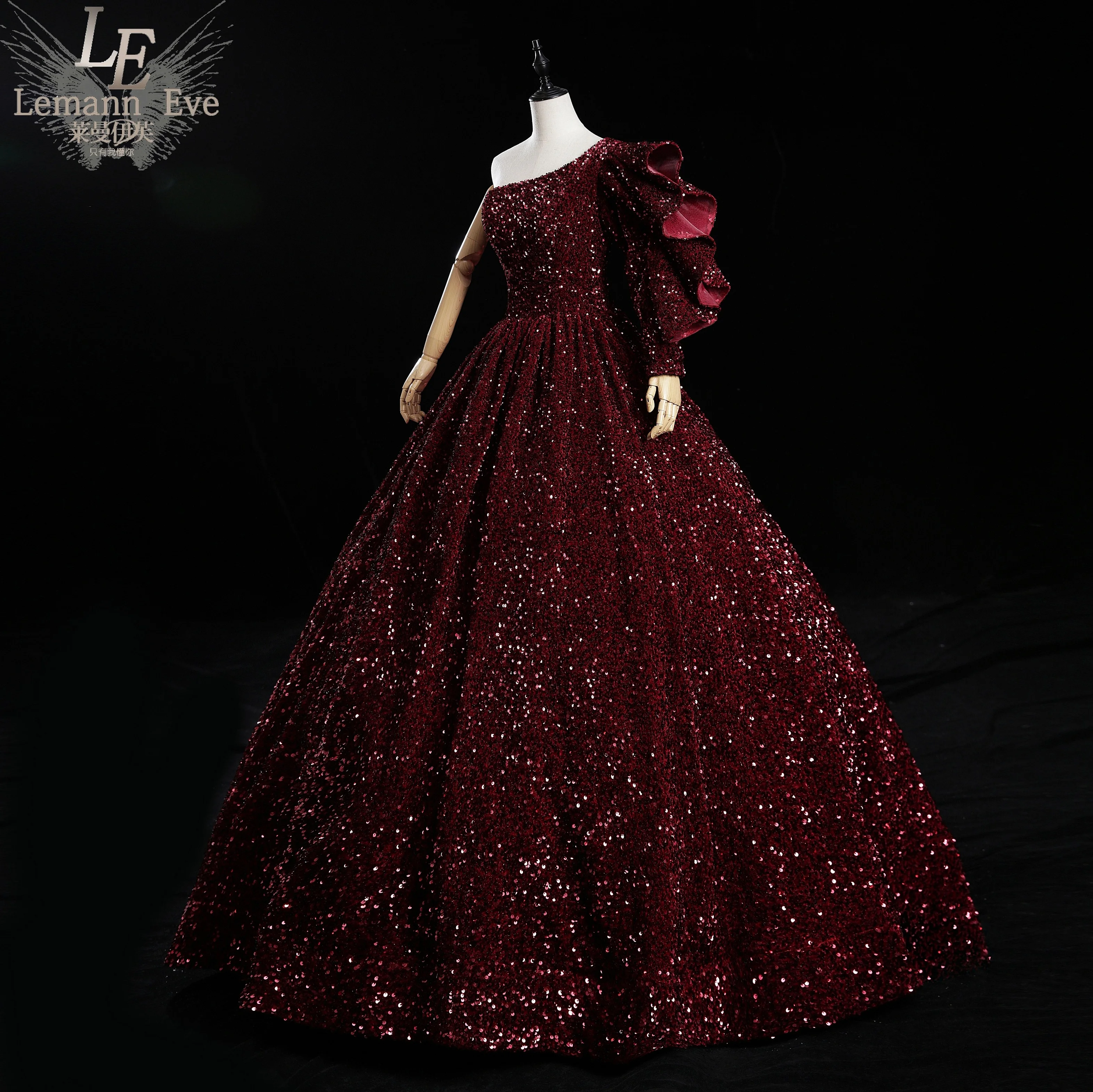 

luxury wine red single sleeve full sequined ball gown long vintage medieval Renaissance princess Victoria dress